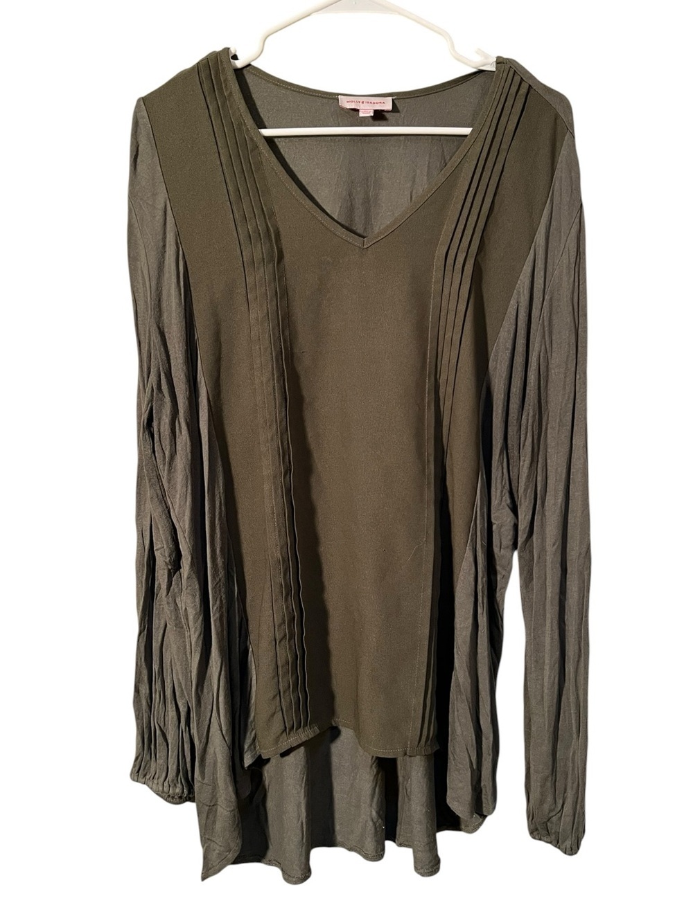 Molly & Isadora Women's Plus Size 0X Mixed Media Top Dark Green Pleated V-Neck